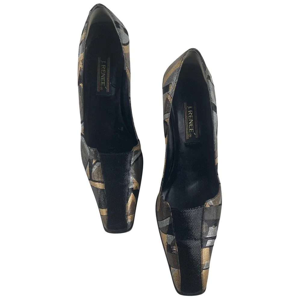 J Renee Womens Geometric Print Heels Size 10M Black Gold Silver Block Heel Pumps